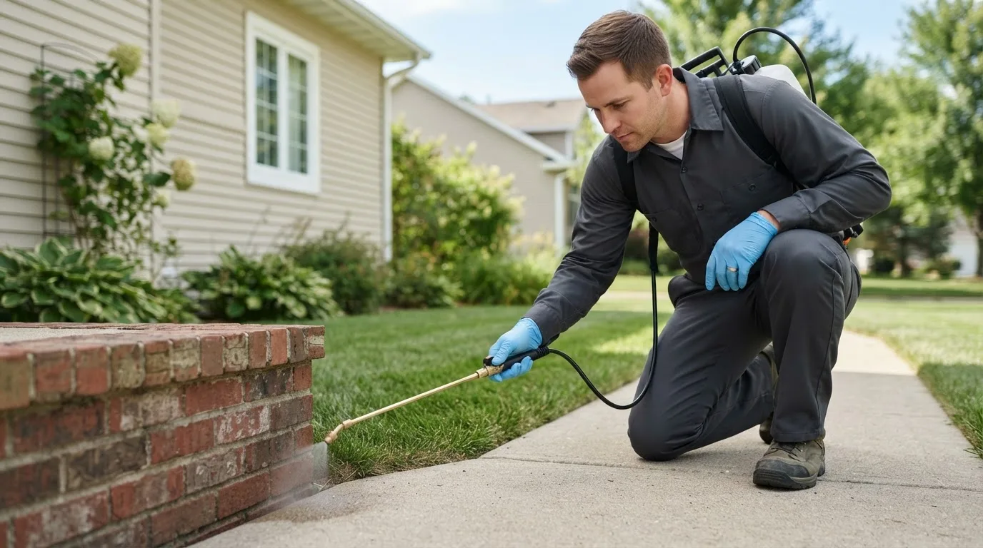 Pest control technician treating a home near Purdum, NE